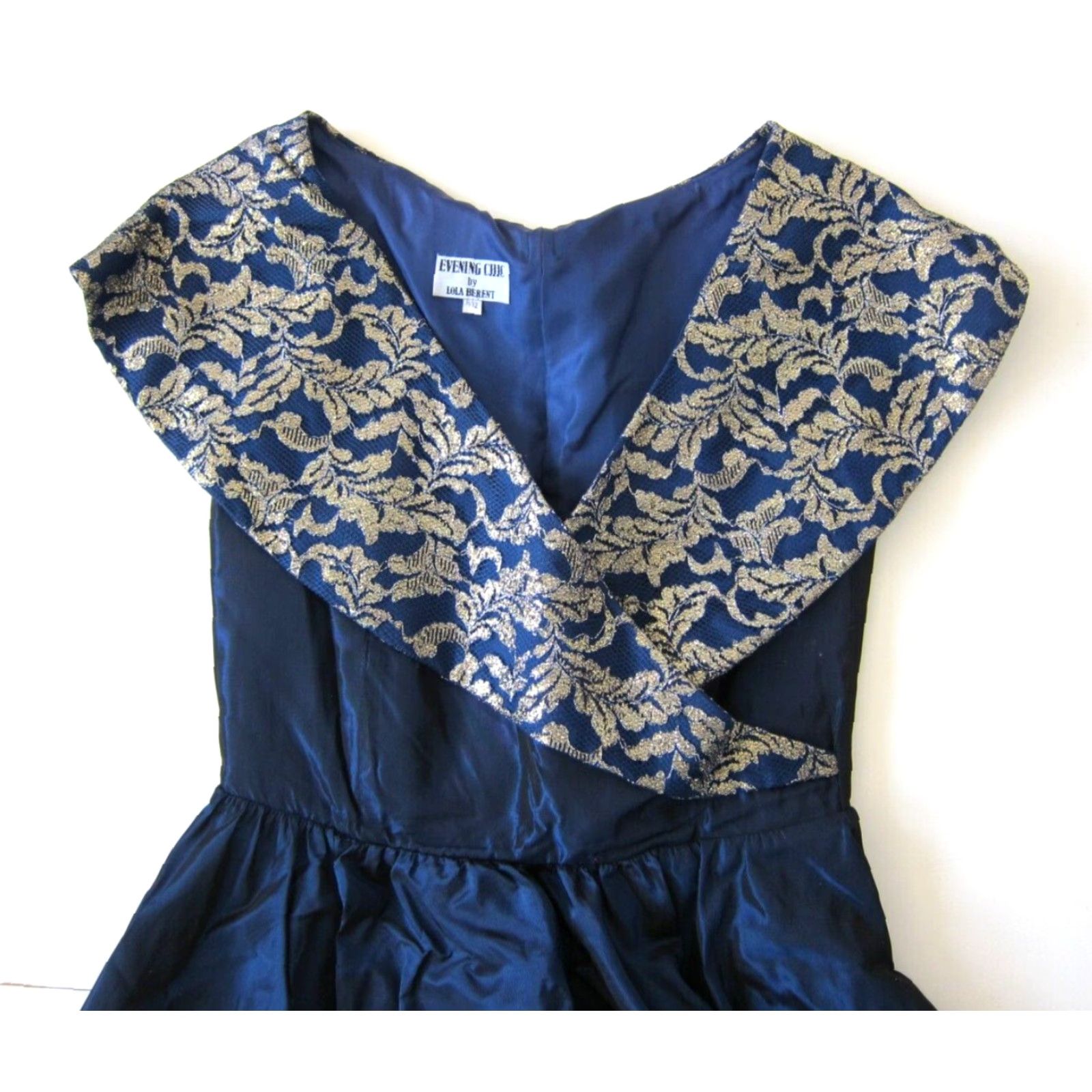 Vintage Evening Chic Lola Berent Blue Satin Empire Dress 11/12, Vintage, Collared, Gold Floral, Knee Length, Short Sleeve, Party/Cocktail, Women Size L / US 10 / IT 46 - 3 Thumbnail