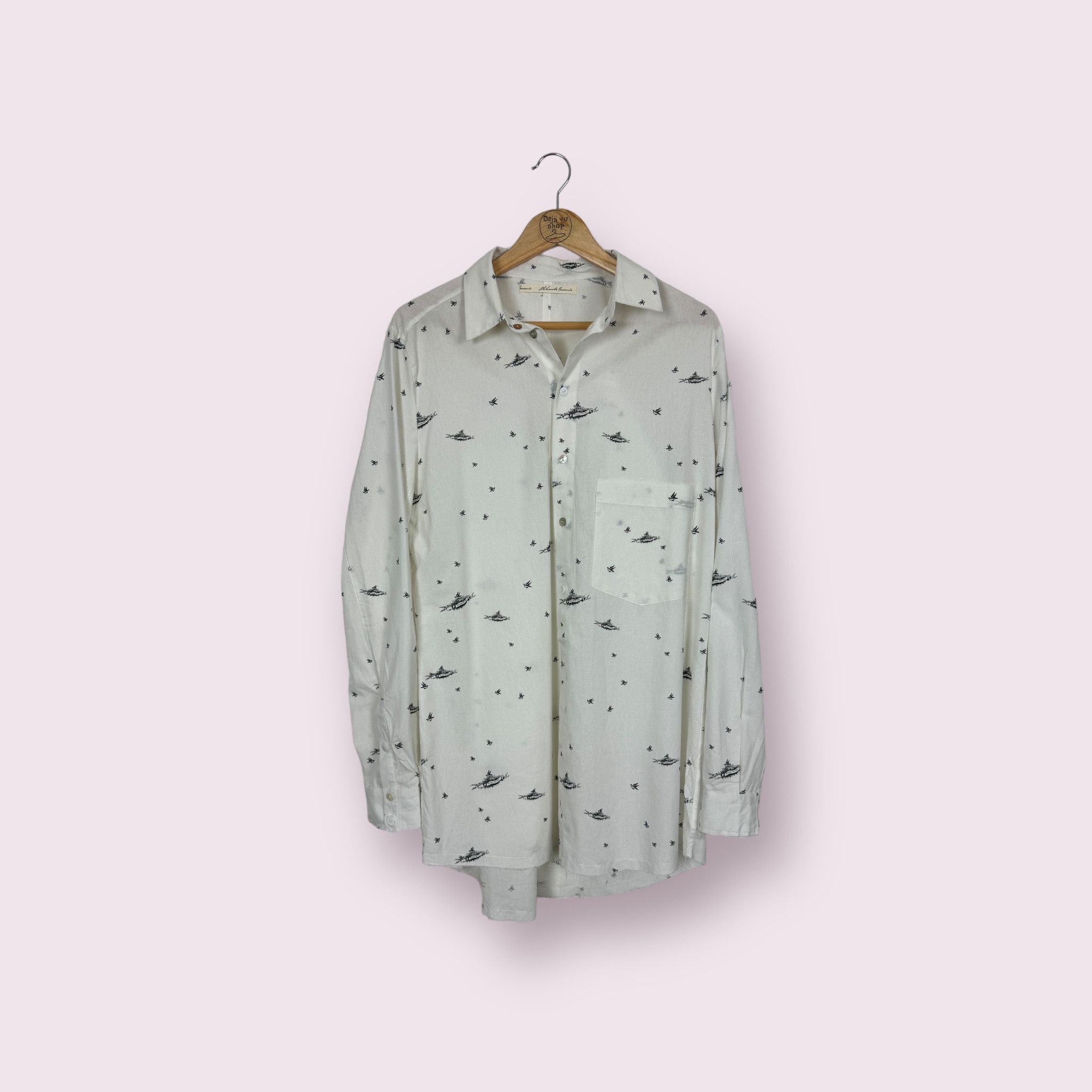 image of Aleksandr Manamis Cotton Shirt, "forget Me Not." Black Print in White, Men's (Size Small)