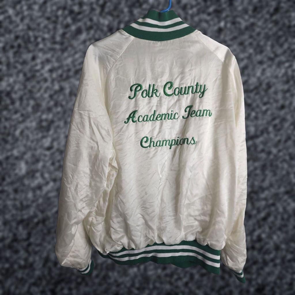 Champion VTG XL Polk County Academic Team Champions Satin Snap Jacket Ivory Men XL Varsity Jacket Football School 90s Distressed Logo N/A? Size US XL / EU 56 / 4 - 1 Thumbnail