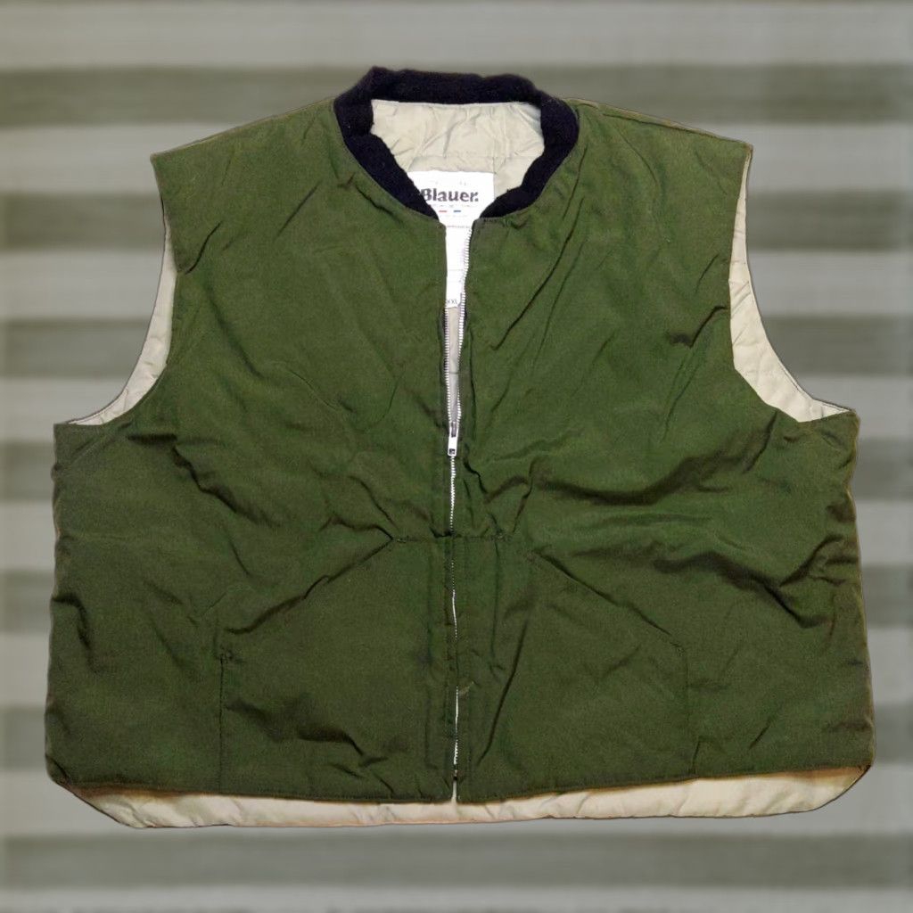 Vintage Blauer Vest Mens 2XL Olive Green Quilted Insulated Workwear Made USA Outerwear Vest Quilted Bodywarmer Full Zip Lined Pockets Band Collar USA 90s Mens Size US XXL / EU 58 / 5 - 1 Thumbnail