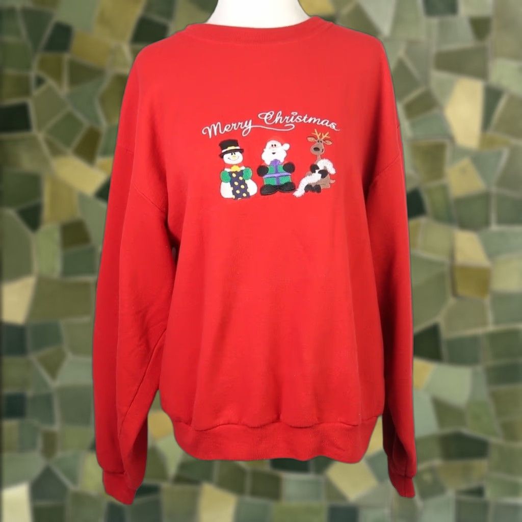 Jerzees VINTAGE Jerzees Sweatshirt Red Christmas Santa Embroidered Crew Neck M Womens 90s Holiday Santa Embroidered Snowman Reindeer Seasonal Winter Fall Size M / US 6-8 / IT 42-44 - 1 Thumbnail