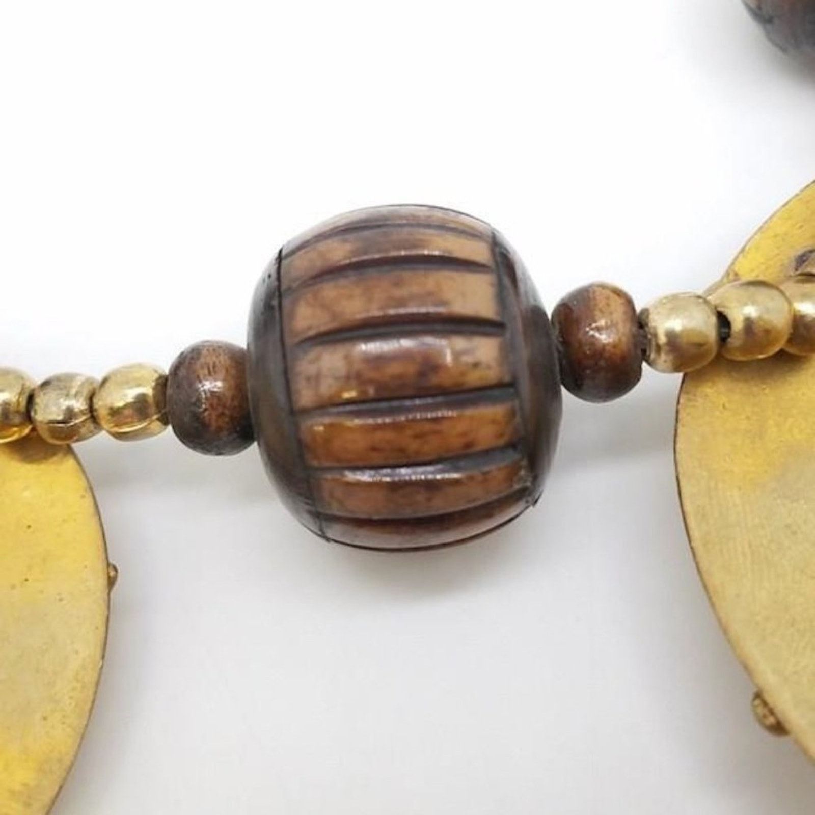 Vintage Artisan Contrast Brass Sun Disc Wood Bead Welded Necklace Size ONE SIZE - 7 Thumbnail