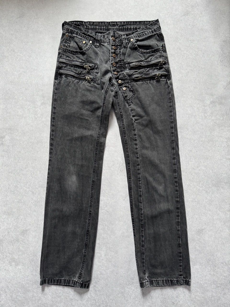 Jean Vintage Multi-Zip Distressed Denim Biker Jeans Washed Black Size US 28 / EU 44 - 5 Thumbnail