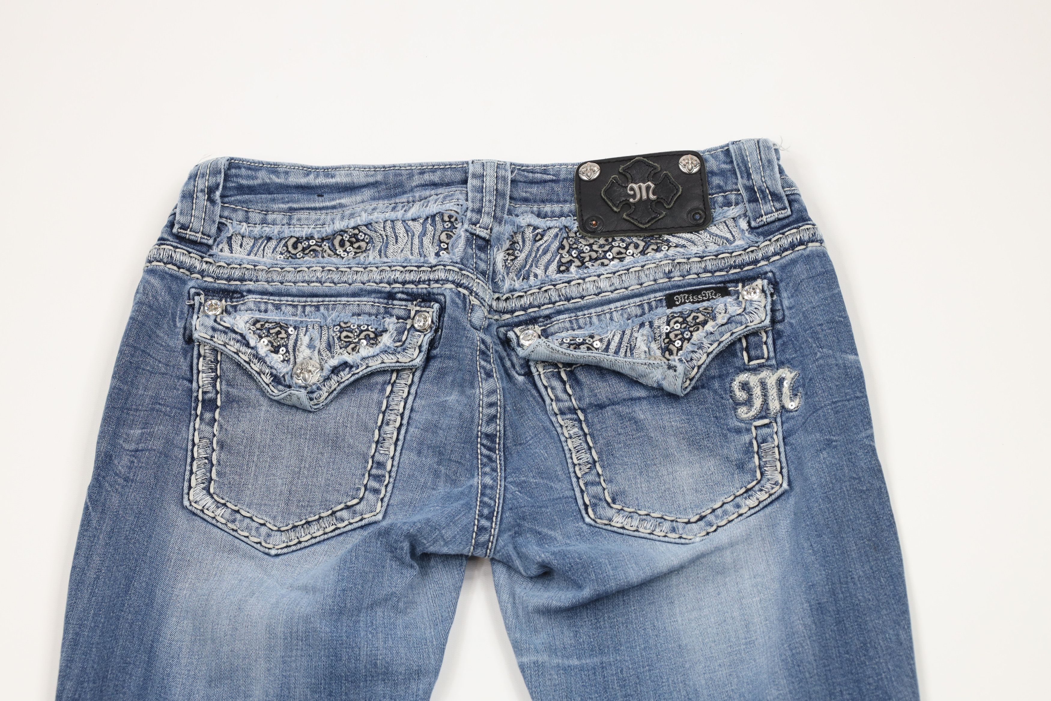 Miss Me × Vintage Miss Me Stitch Sequin Wide Leg Boot Cut Denim Jeans Blue Size 29" - 12 Thumbnail