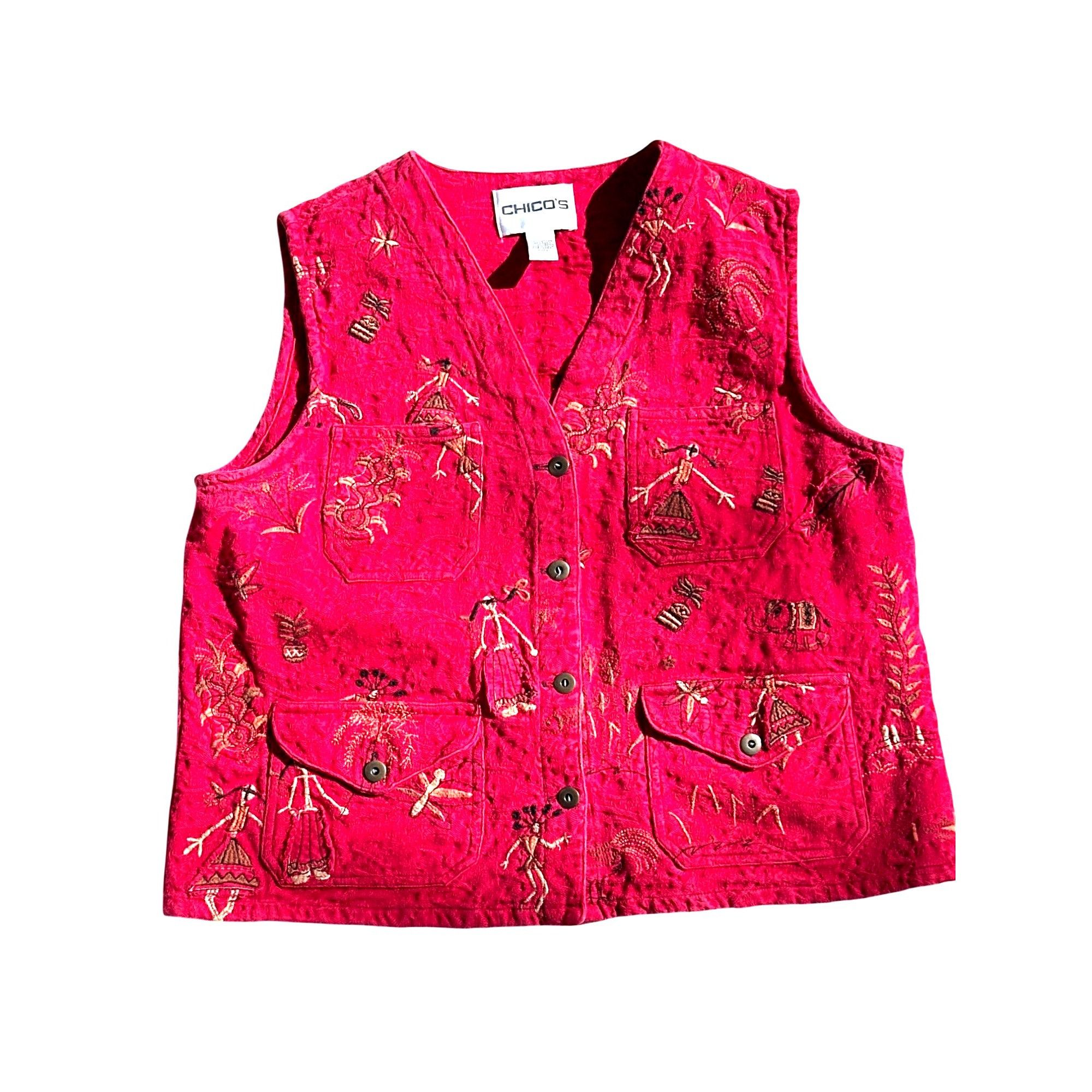 Chicos Chicos Design Red Embroidered Button Front Vest Boho Folk Ar Size L / US 10 / IT 46 - 9 Thumbnail