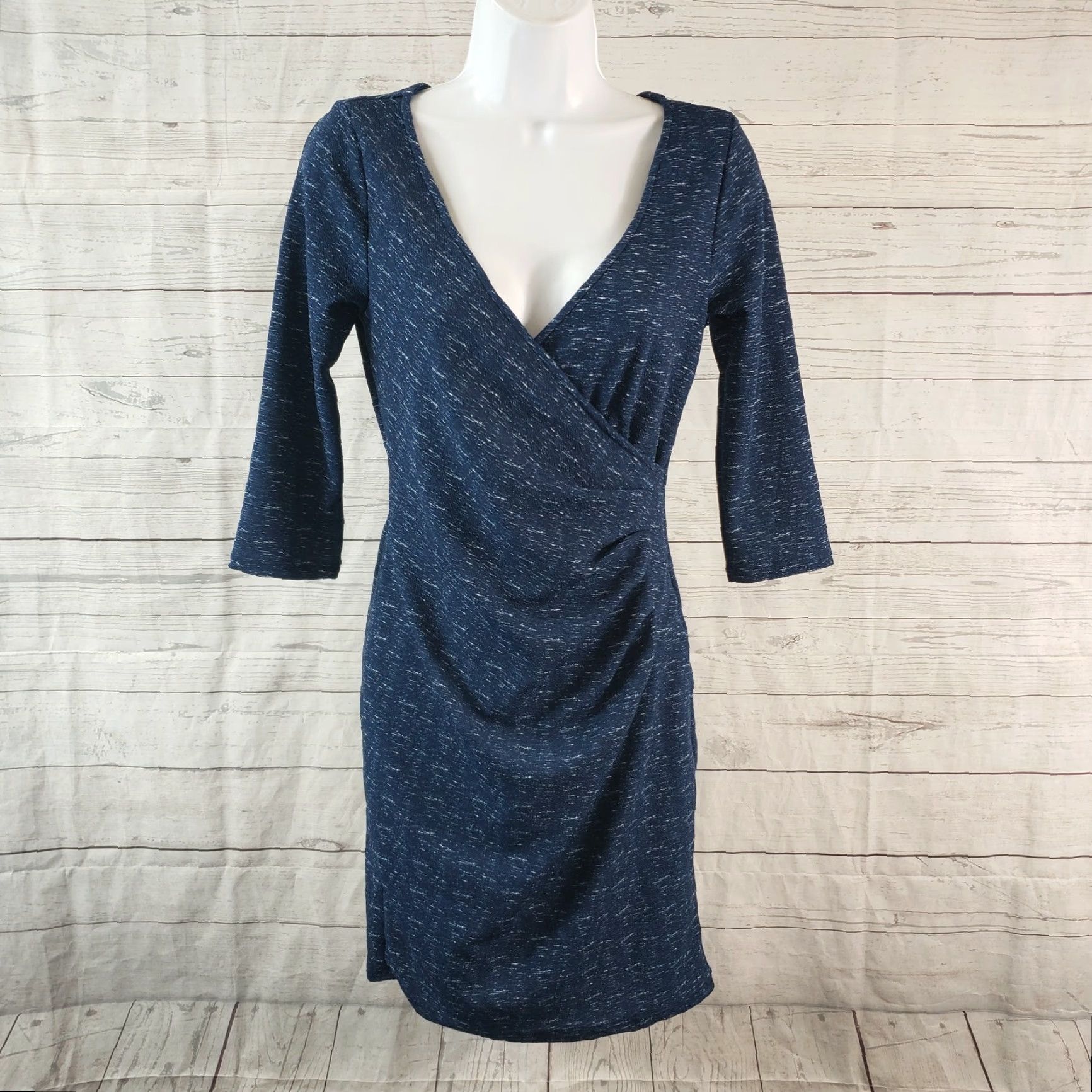 Vintage Fervour Dress Short Blue Faux Wrap 3/4 Sleeve V-Neck Womens Small, Pullover, Polyester Blend, Dress Length Short, Size S, Blue, Womens Size S / US 4 / IT 40 - 2 Thumbnail
