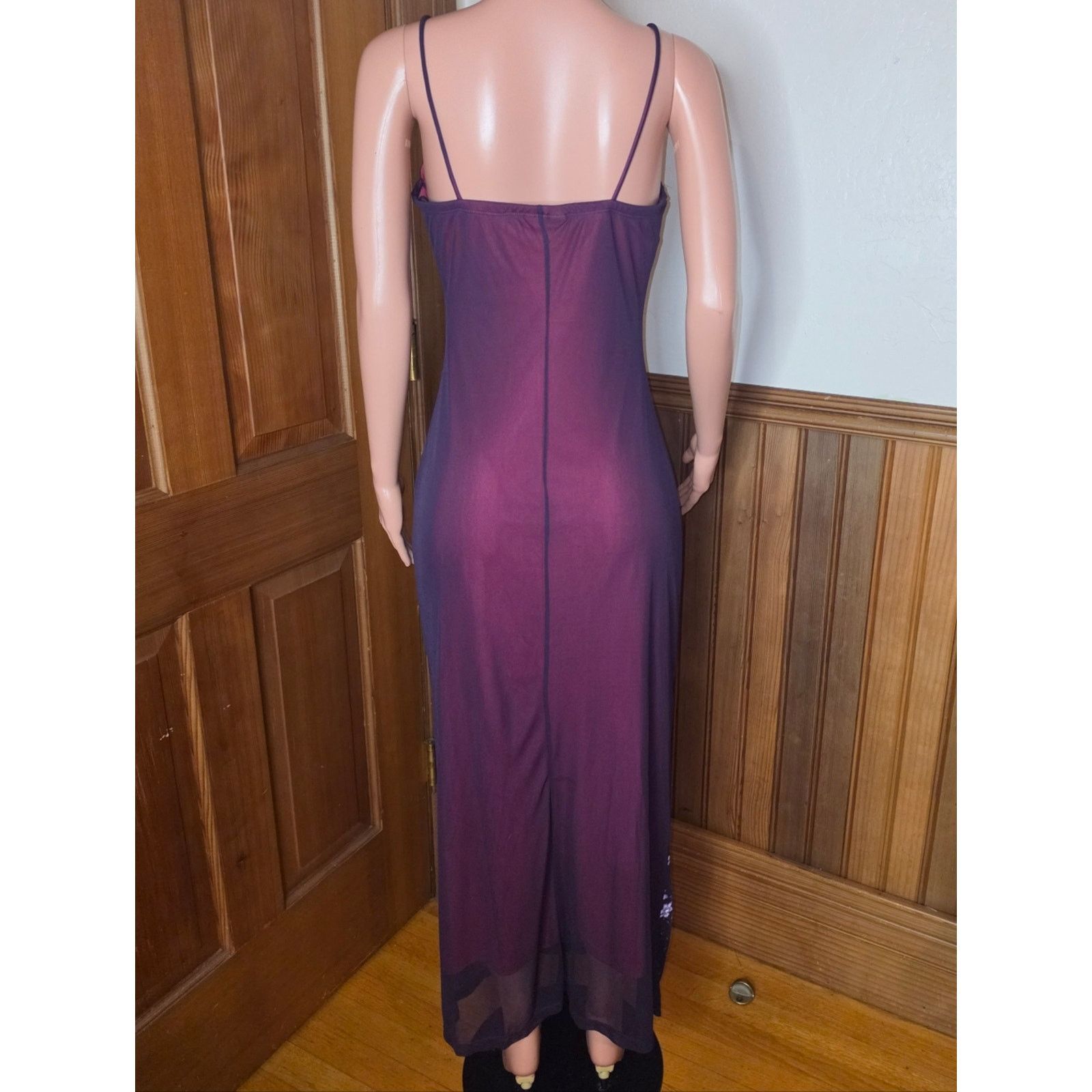 Vintage Pia 90s Y2K Fuchsia & Purple Mesh Floral Dress Large Size L / US 10 / IT 46 - 5 Thumbnail