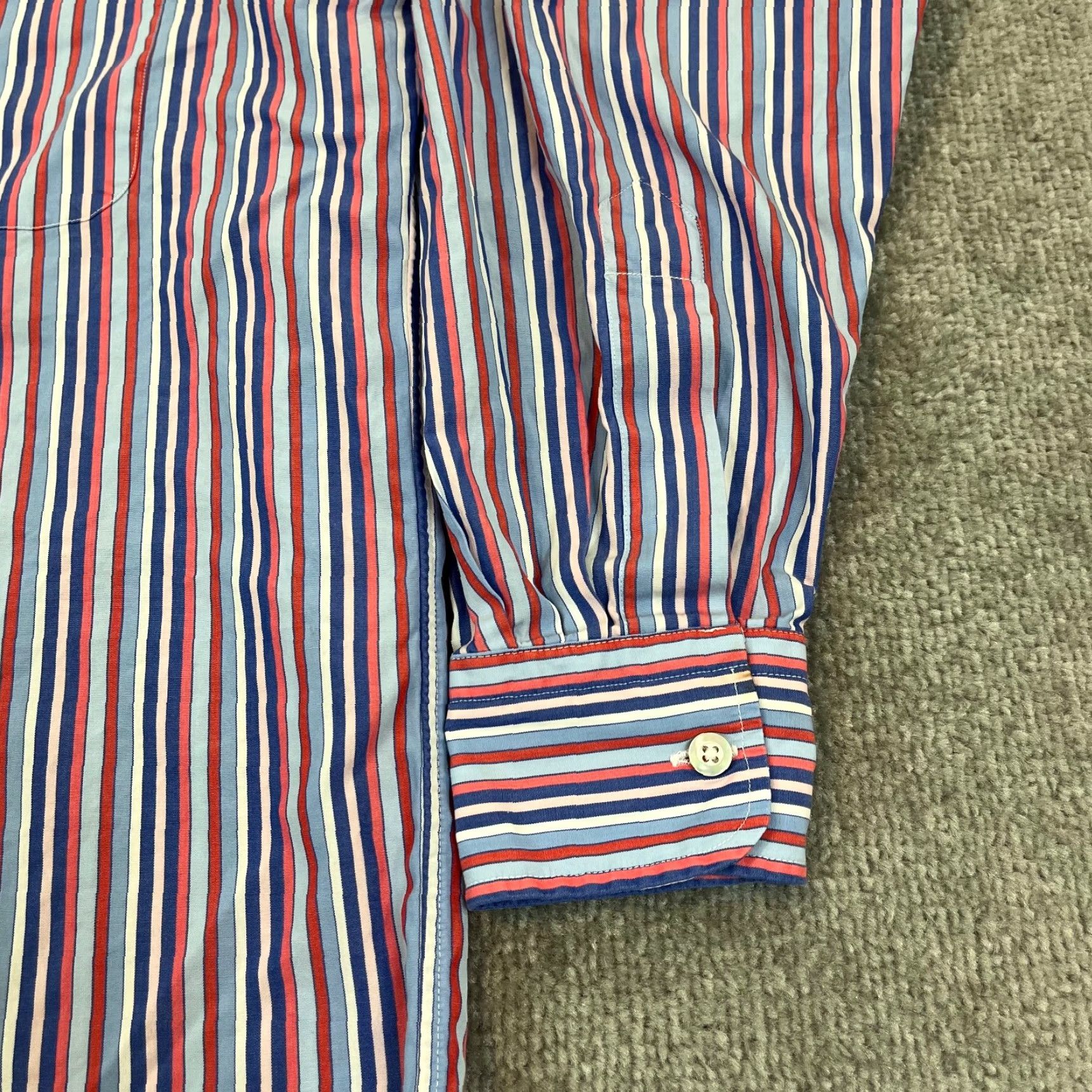 Vintage Bullock & Jones Shirt Mens Large Red White Blue Striped Button Up Down Dress L/S Size 42R - 5 Thumbnail