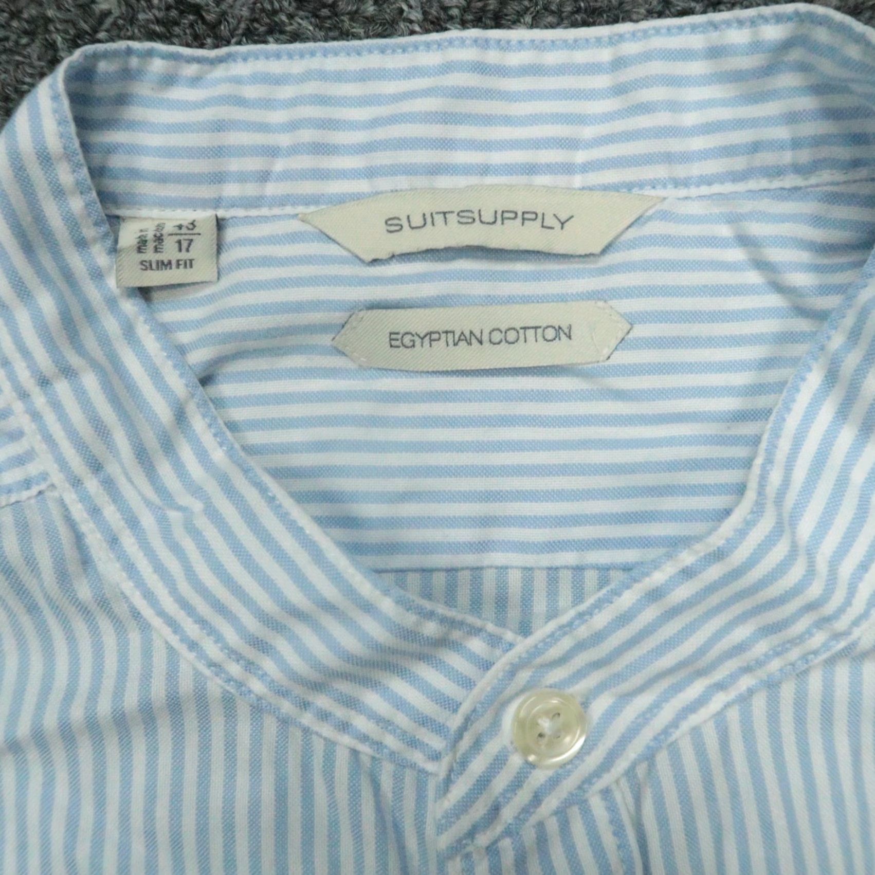 Suitsupply Suitsupply Shirt Mens XL Blue Striped Cotton Mandarin Collar Slim Size US XL / EU 56 / 4 - 3 Thumbnail