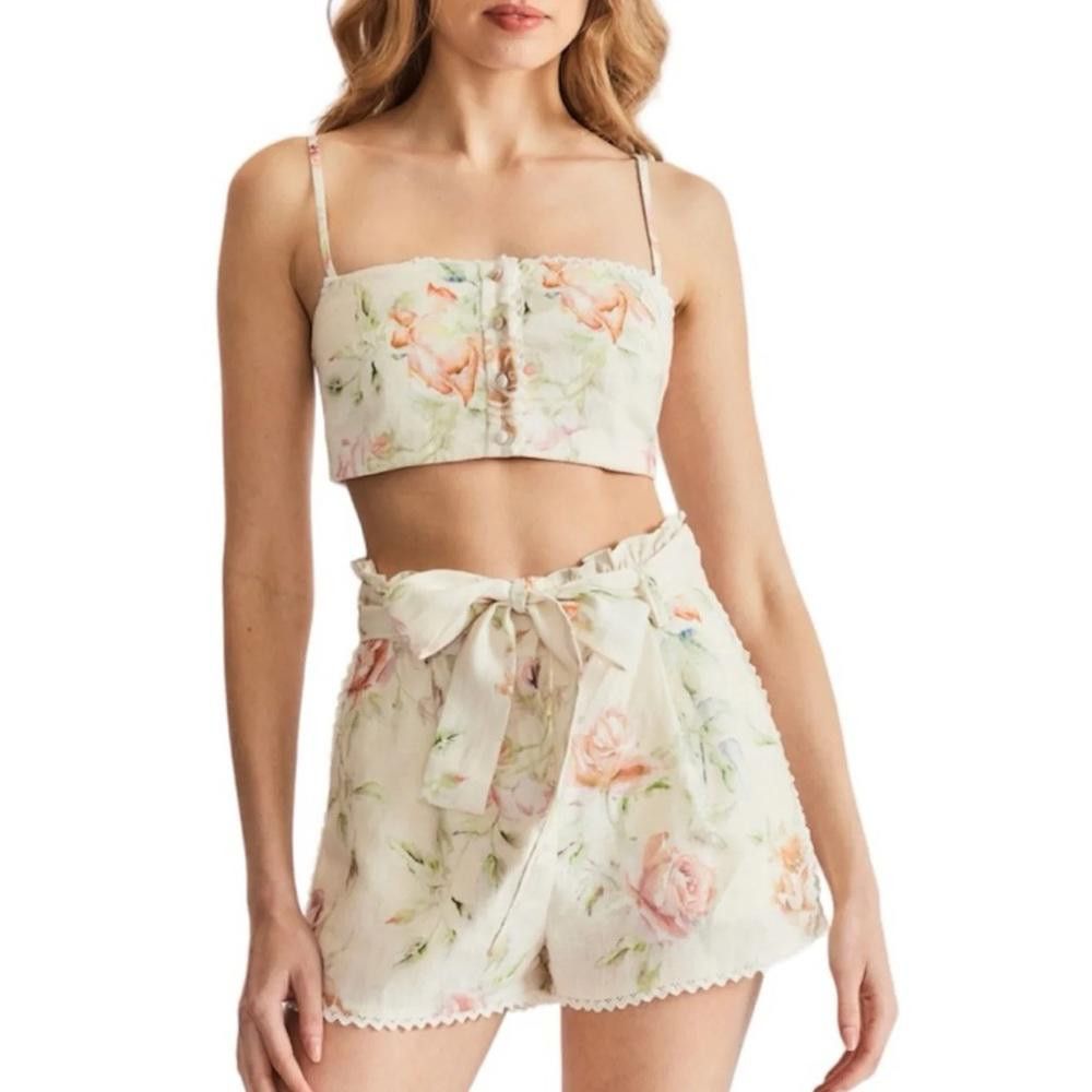 Designer Caroline Constas Floral Linen Crochet Belted Summer Shorts Size 25" / US 0 / IT 36 - 1 Thumbnail