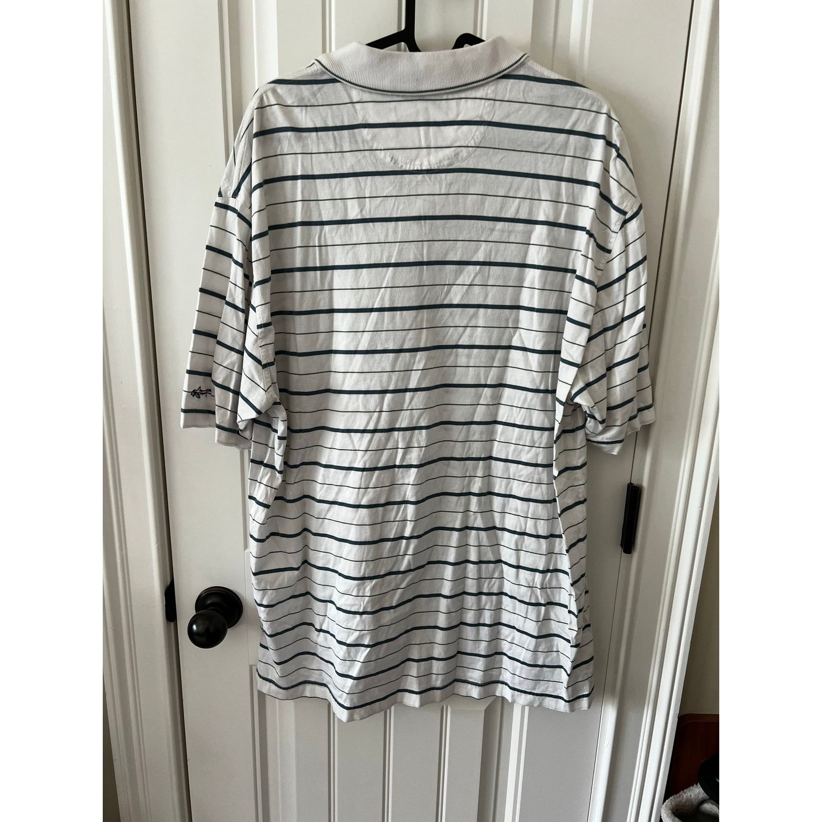 Greg Norman Men’s Polo Golf Shirt Short Sleeve Shark Logo Striped White Size US L / EU 52-54 / 3 - 8 Thumbnail