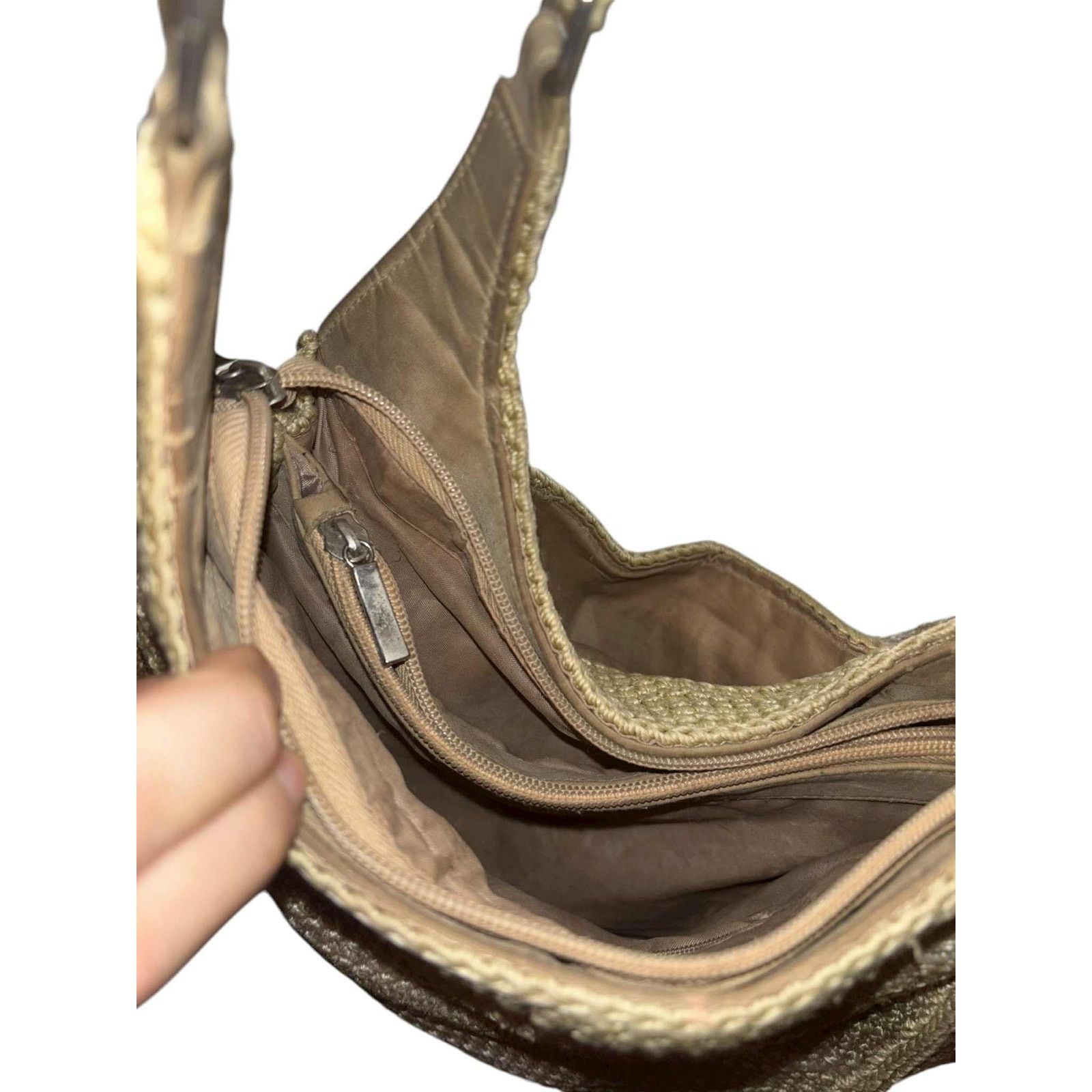 Other VINTAGE Tan Crochet Shoulder Bag Striped Knit Purse Handmade Size ONE SIZE - 2 Thumbnail