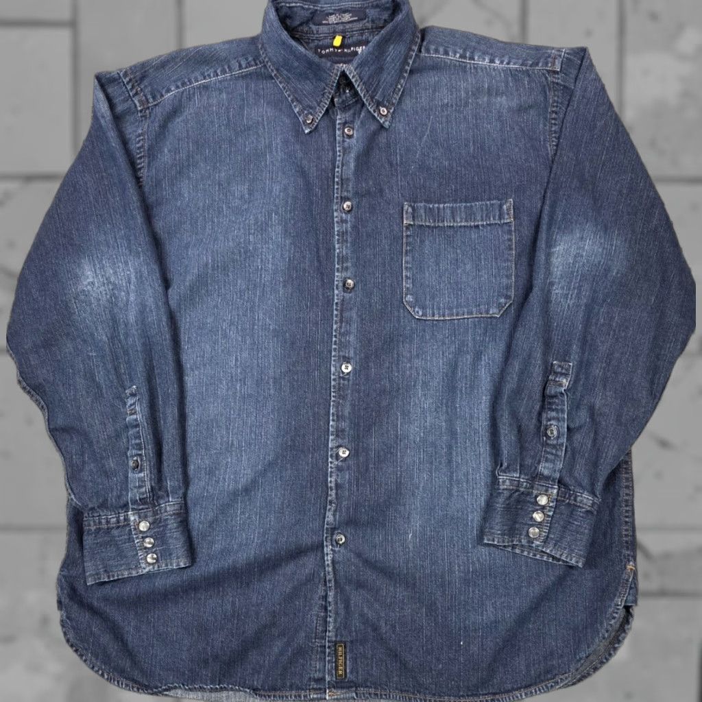 VINTAGE Tommy Hilfiger Denim Shirt XL Indigo Blue Pearl Snap Sleeve Button Western