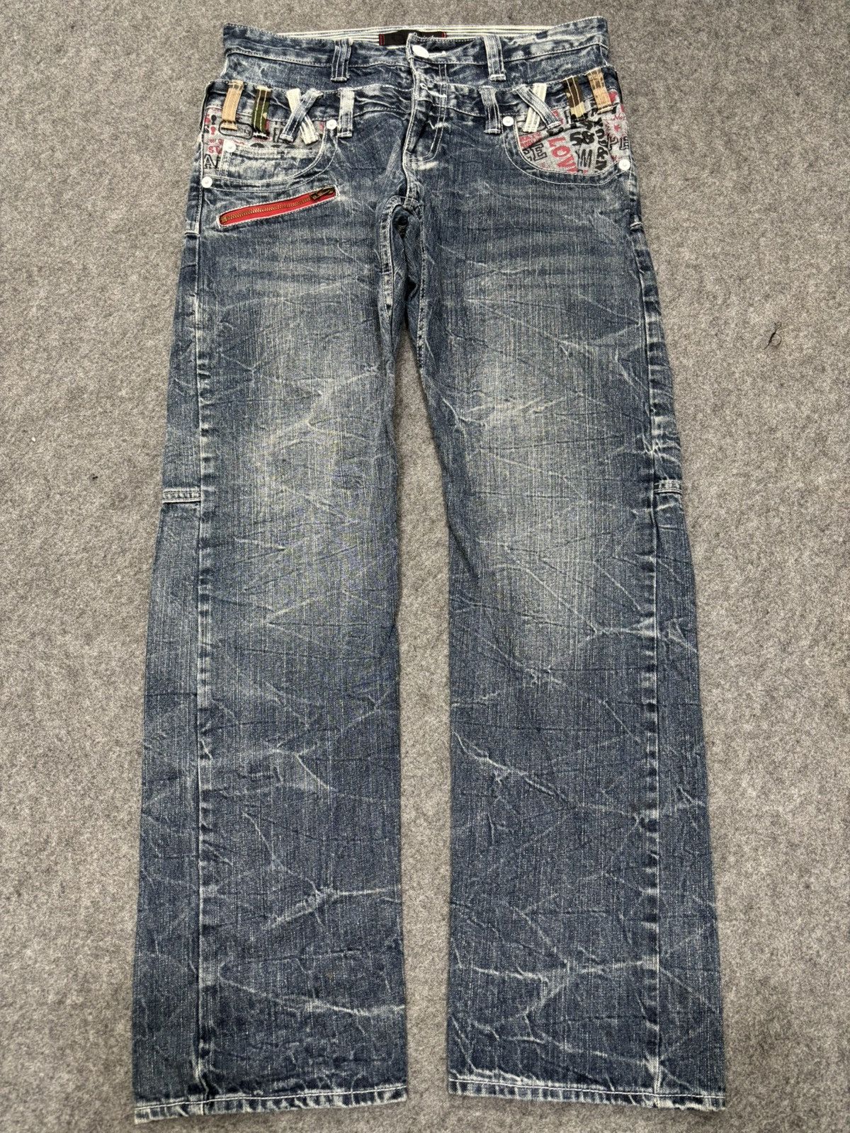 Japanese Brand 💥Double Waist💥Dominate Zipper Twisted Fades Denim F649 Size US 33 - 23 Thumbnail