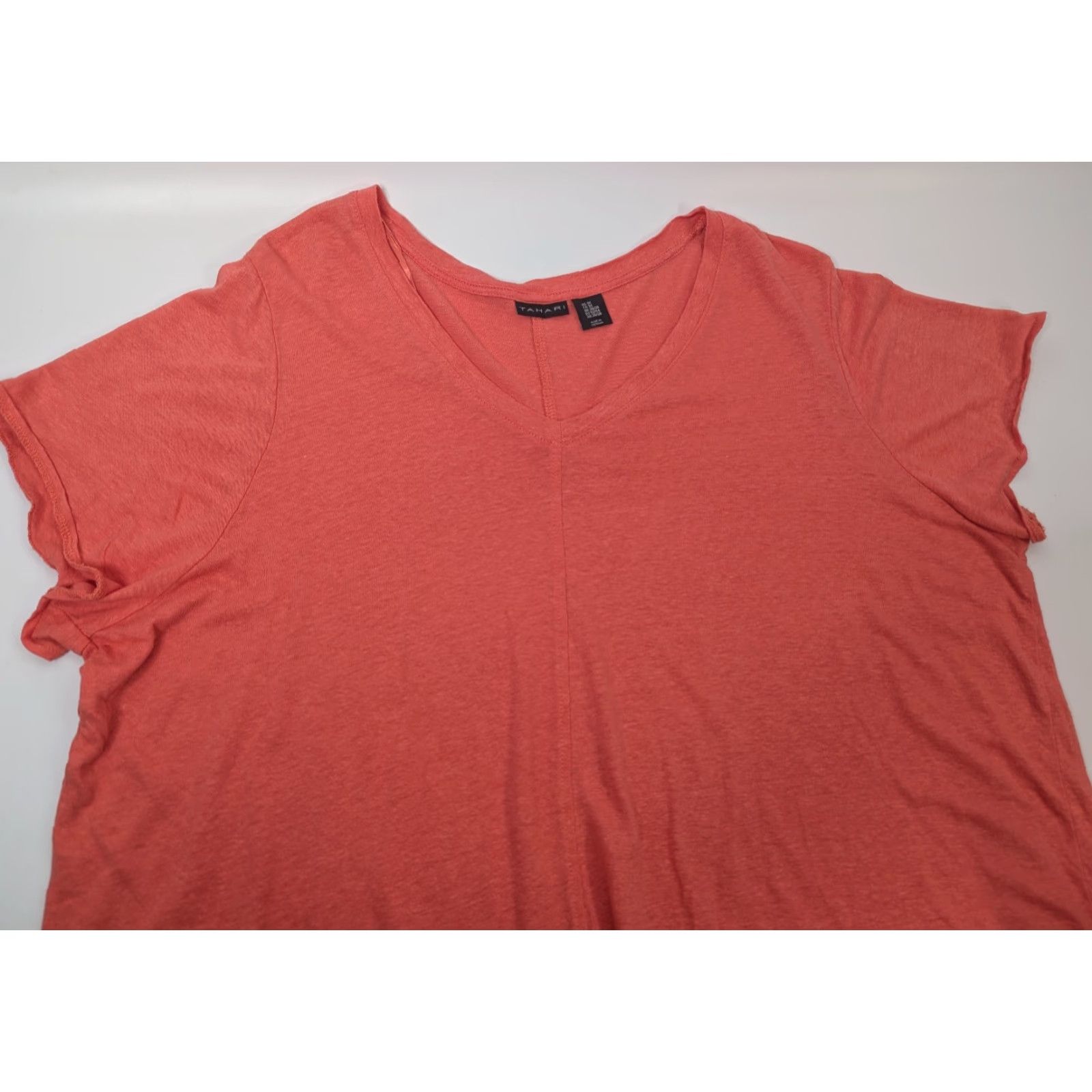 Vintage Tahari Shirt Women 3X V-Neck Short Sleeve Linen Lyocell Blend Seamed Orange Pink 90s? Size XXL / US 16-18 / IT 52-54 - 5 Thumbnail