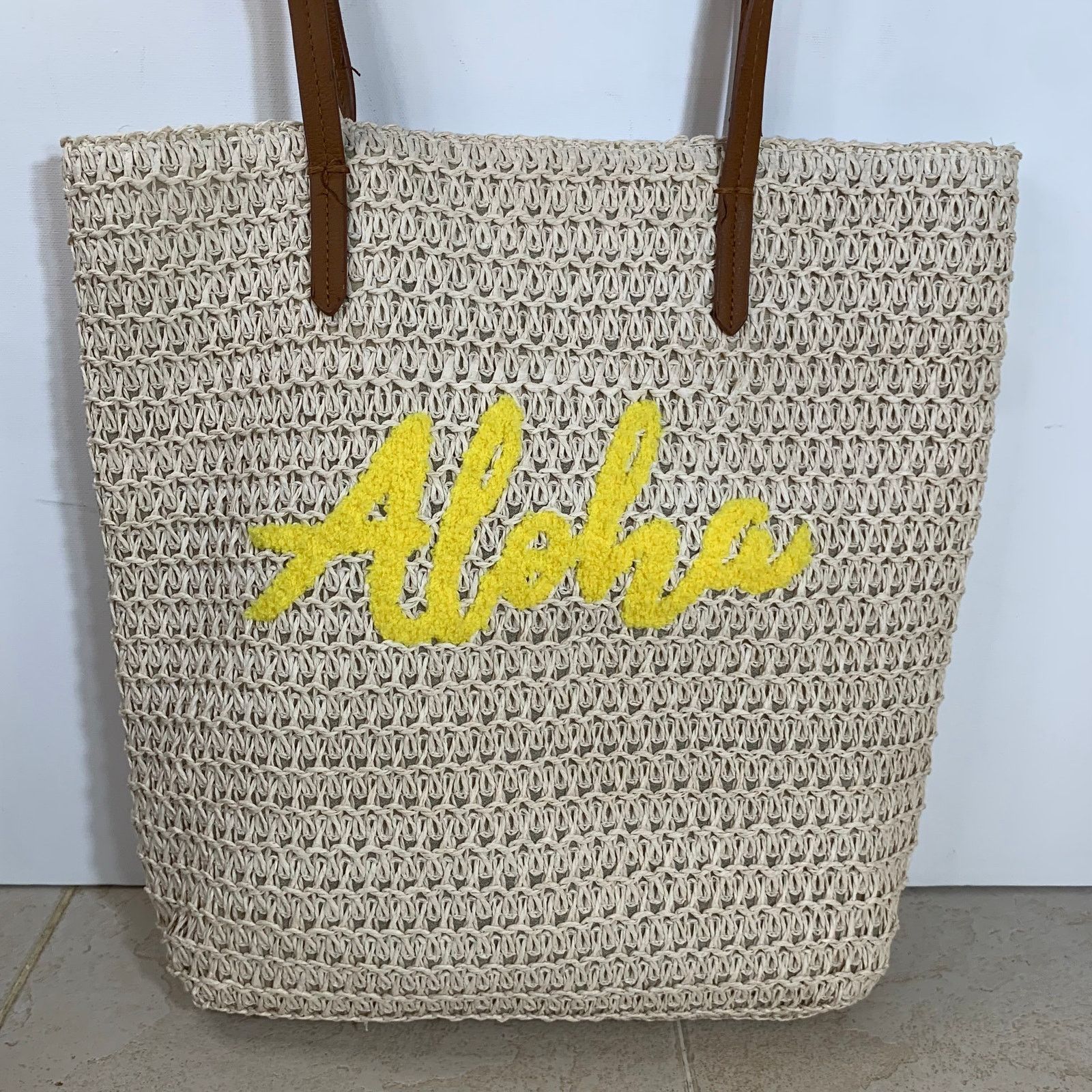 Other Straw Tote Aloha Beach Bag Everyday Tote Yellow Natural Size ONE SIZE - 4 Thumbnail