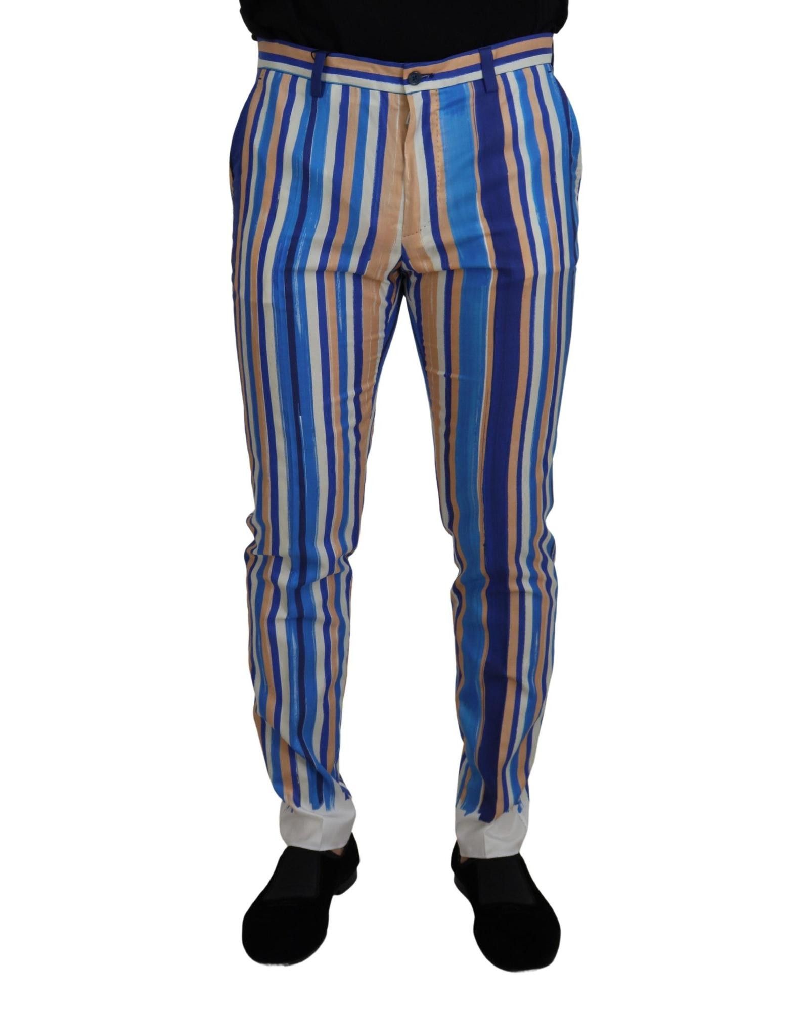 image of Dolce Gabbana Striped Silk Cotton Slim Trousers in Blue, Men's (Size 38)