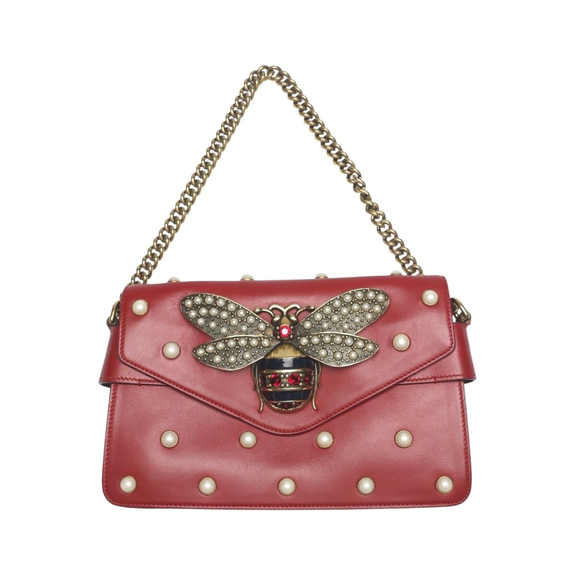 Gucci Gucci Broadway Pearl Bee Leather Handbag/Shoulder Bag, 2-Way Red, 453778 Size ONE SIZE - 1 Thumbnail