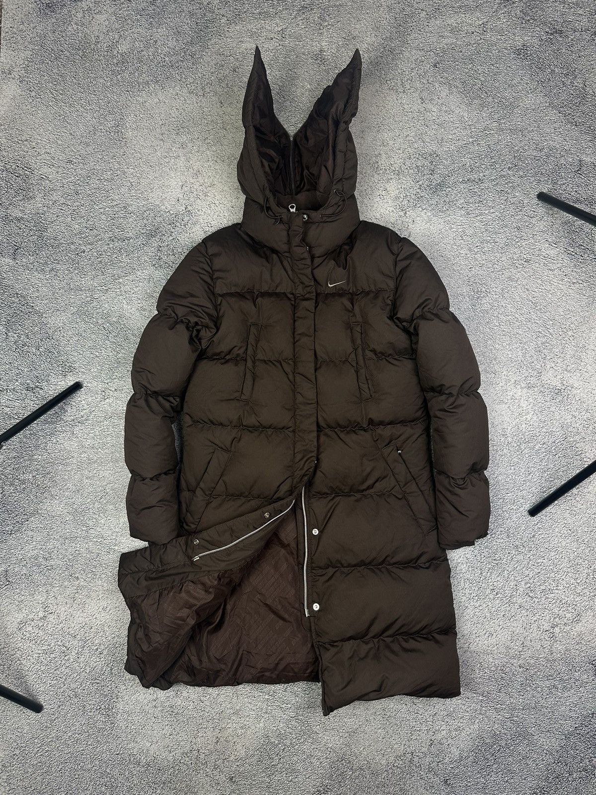 Vintage NIKE Brown Down Long Puffer Drill Jacket Swoosh