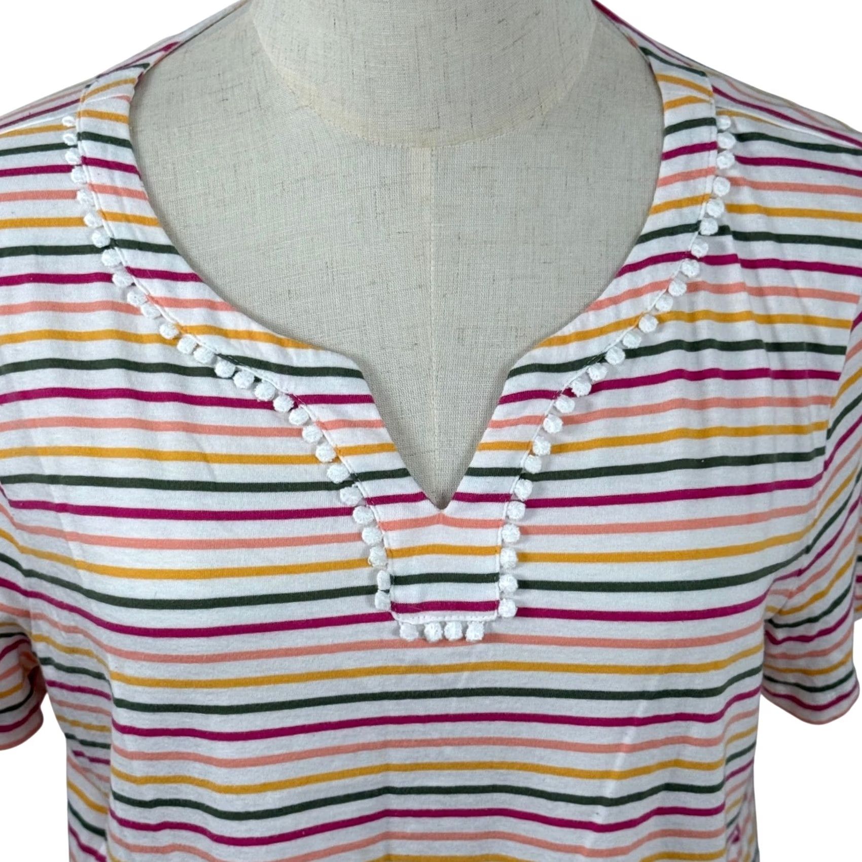 Talbots Talbots L Top Colorful Rainbow Striped Pom Notch V Neck Cotton Coastal EUC Size L / US 10 / IT 46 - 2 Thumbnail