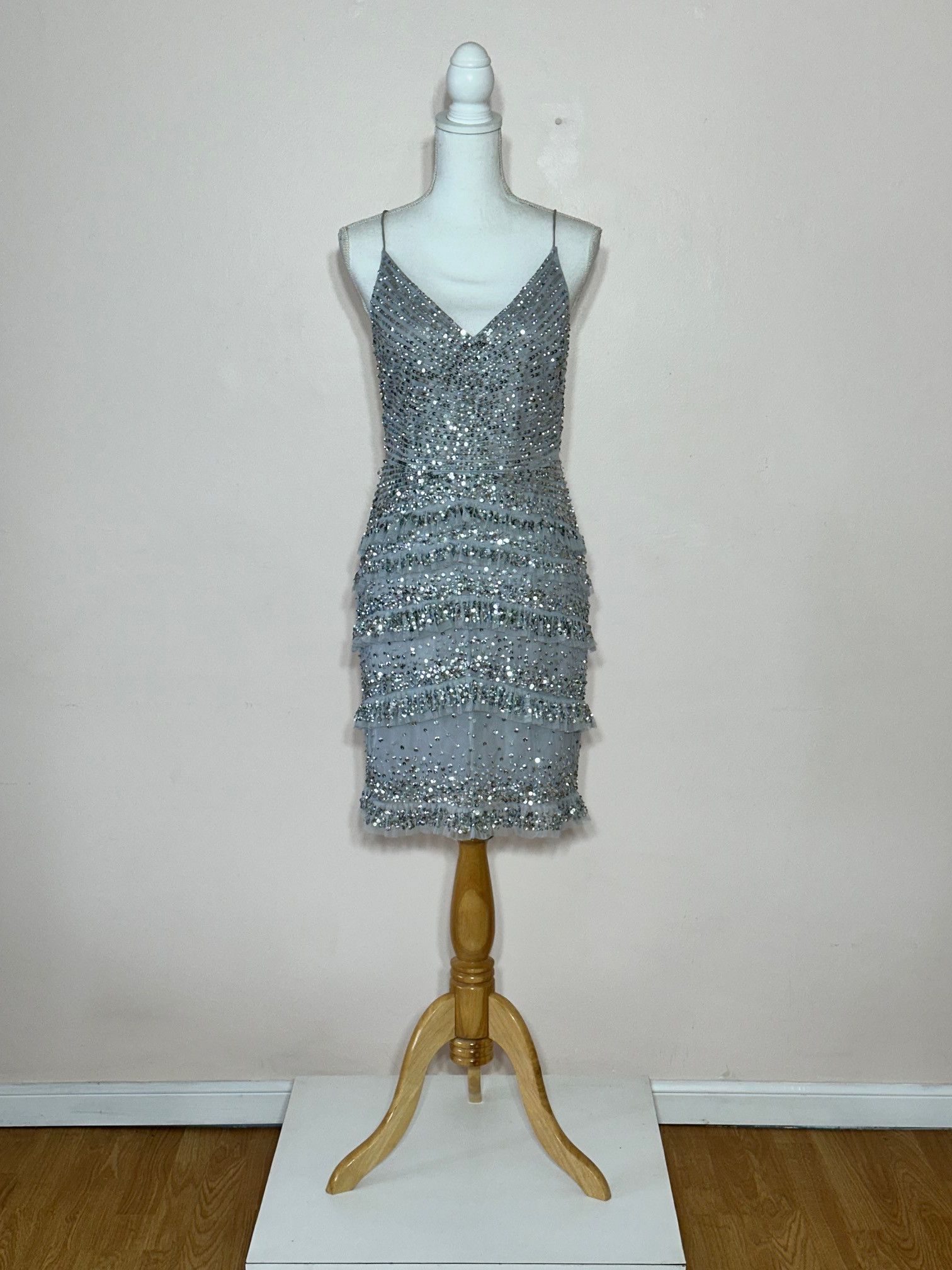 Adrianna Papell Silver Sequined on Ruffled Net Mini Dress Size M / US 6-8 / IT 42-44 - 1 Thumbnail