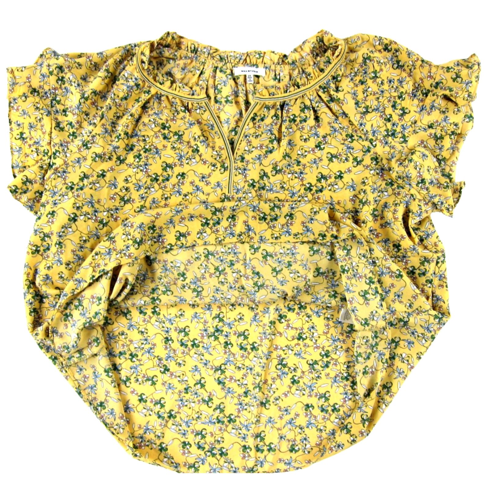 Vintage Max Studio Blouse Shirt Women 2X Yellow Green Blue Floral Ruffle Neck Short Sleeve Casual Polyester 100% 2X Womens Size XXL / US 16-18 / IT 52-54 - 4 Thumbnail