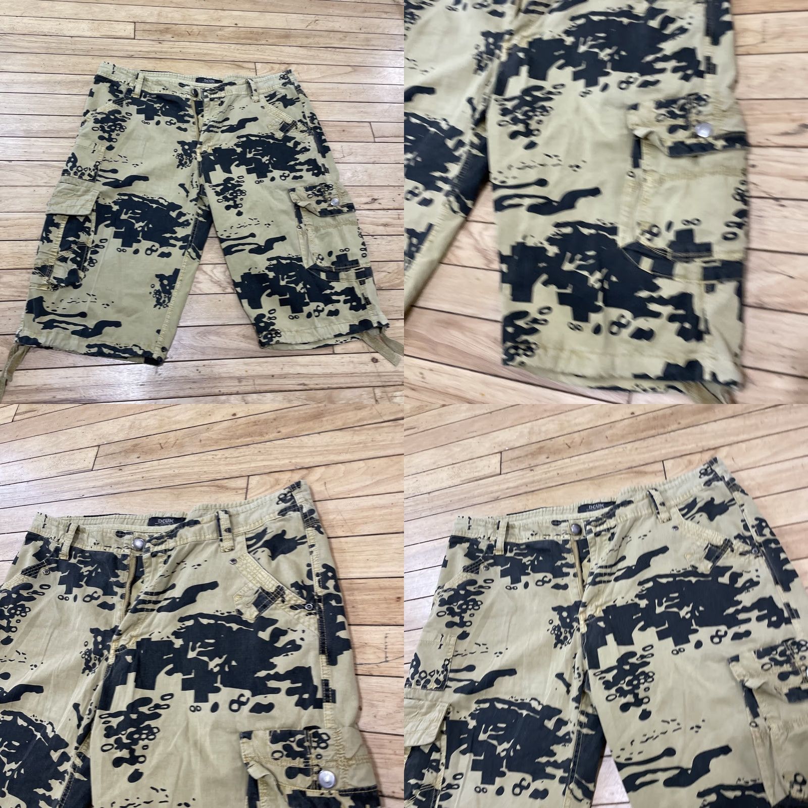 Vintage dcuk Cargo Shorts Mens 34 Black Gold Tan Bitblock Lightweight Bermuda 13in Camouflage 90s Hip Casual Travel Workwear Mens Size US 35 - 9 Thumbnail