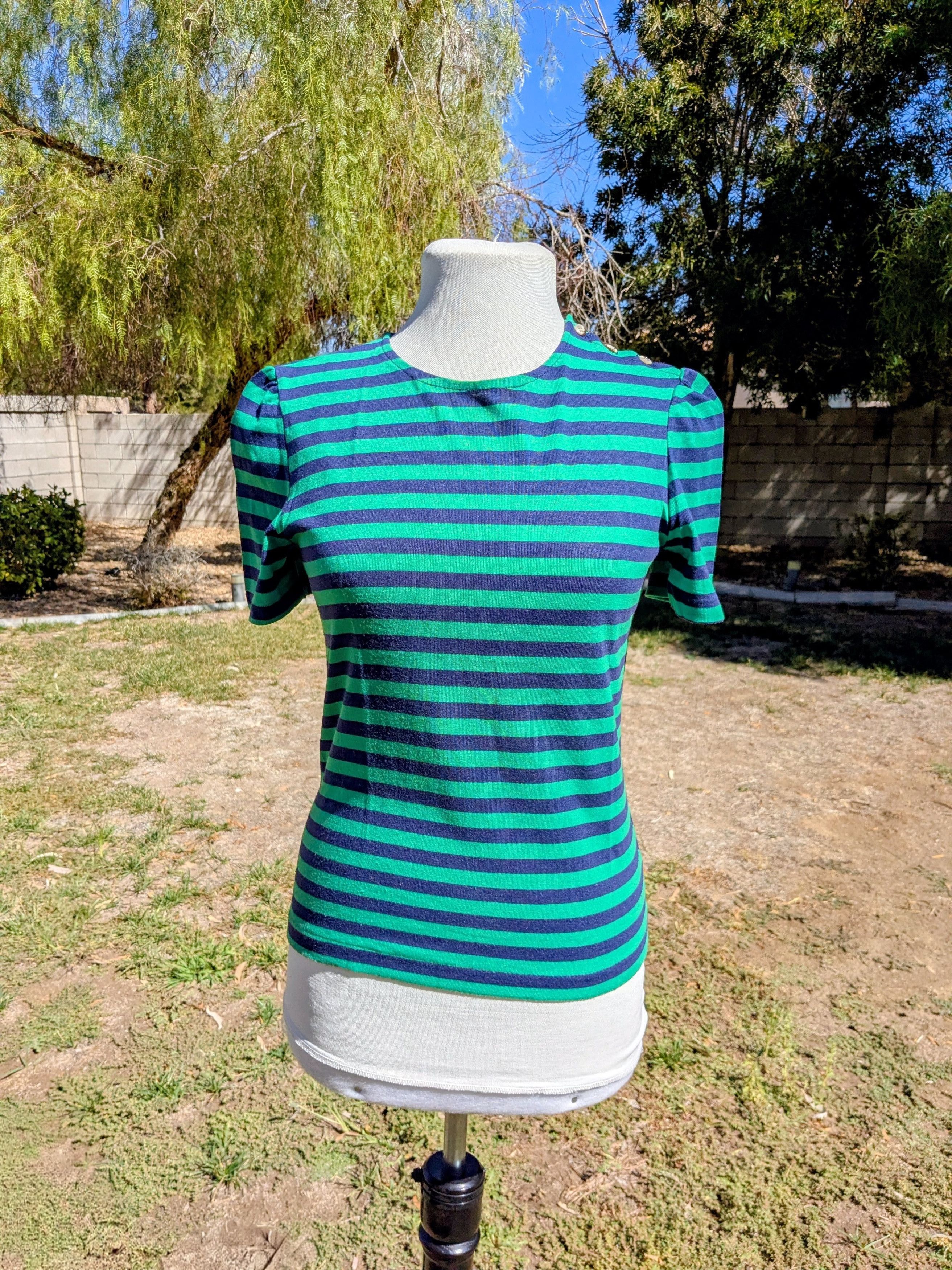 Other RRRRuss Button Shoulder Petite Green&Black Stripe Shirt Top Size S / US 4 / IT 40 - 1 Thumbnail