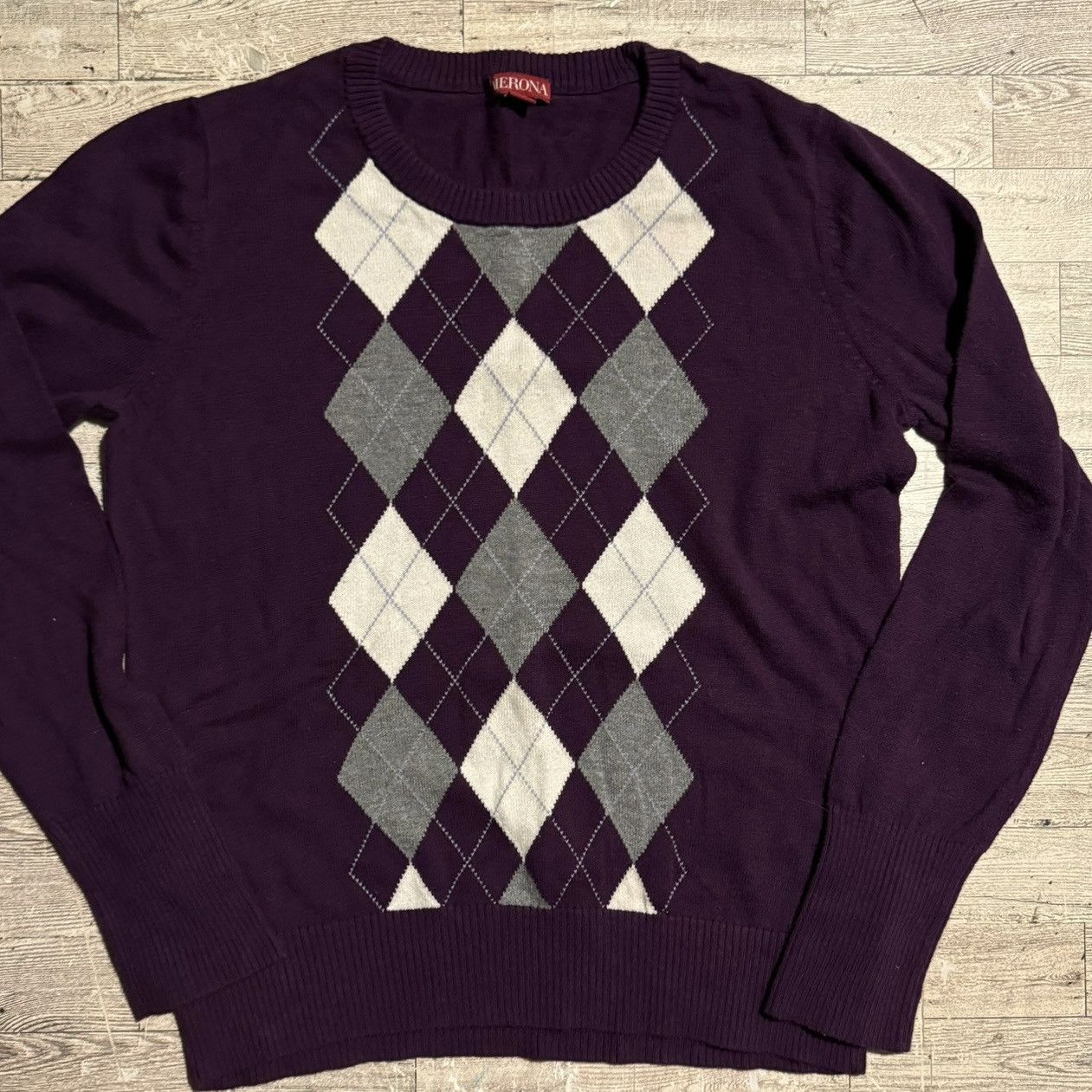 Merona Retro, Eggplant Purple, Argyle Patterned, Rayon Knit Sweater Size ONE SIZE - 7 Thumbnail