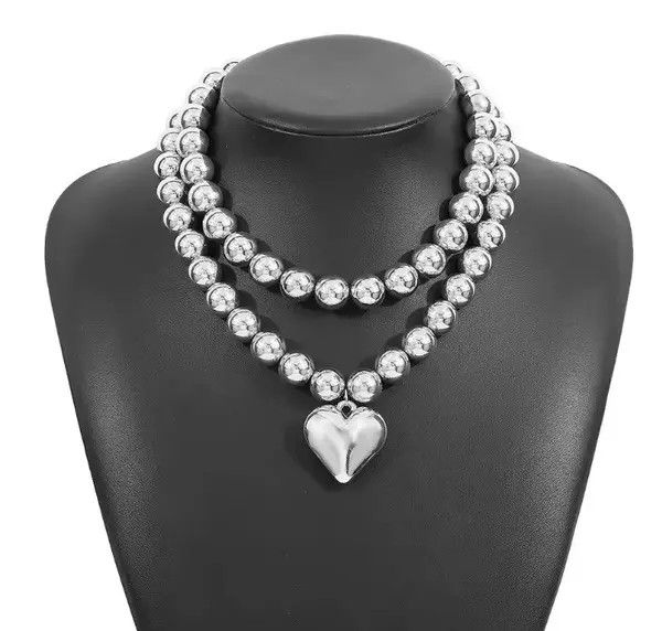 Jewelry Ball Beaded Chain Heart Pendant Necklace Size ONE SIZE - 1 Thumbnail