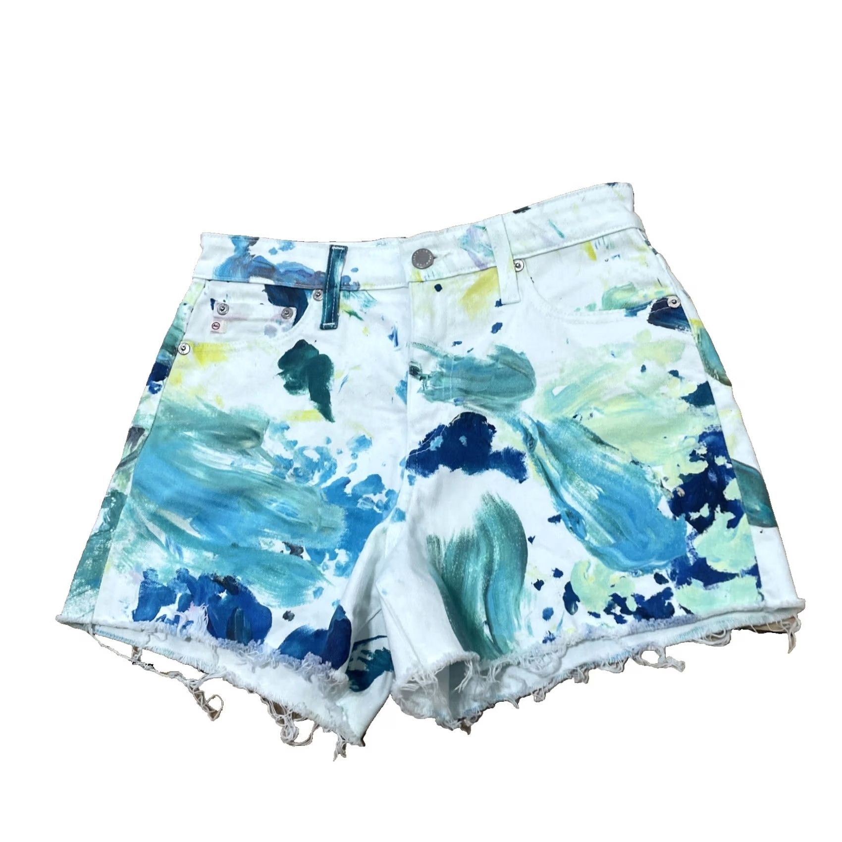 Vintage AG Adriano Goldschmied Alexxis Shorts Women 27R High Rise Wedgie White Green Art Casual Denim 5-Pocket Boho Festival 90s Mens Womens Girls Boys Size 27" / US 4 / IT 40 - 2 Thumbnail
