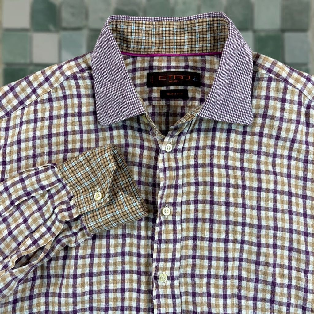 Etro ETRO Milano Slim Fit Dress Shirt 43 Multi Plaid 100% Linen Italy Contras Collar Size 46R - 1 Thumbnail