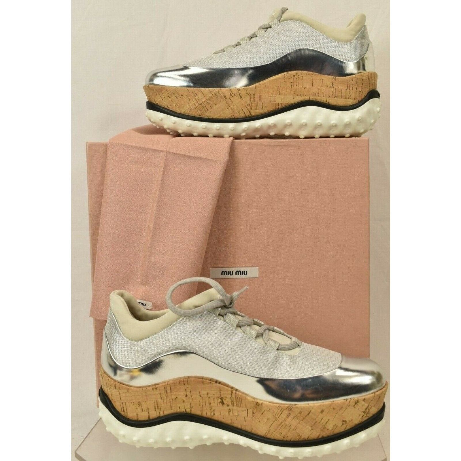 Miu Miu 5E281A SILVER PATENT LEATHER CORK PLATFORM SNEAKERS 40.5 Size US 10.5 / IT 40.5 - 12 Thumbnail