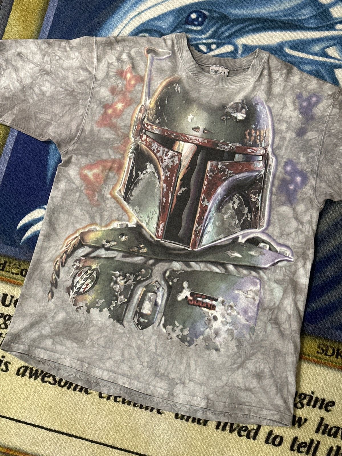 image of Misprint 1997 Boba Fett Liquid Blue Tie-Dye Tee in Grey, Men's (Size Large)