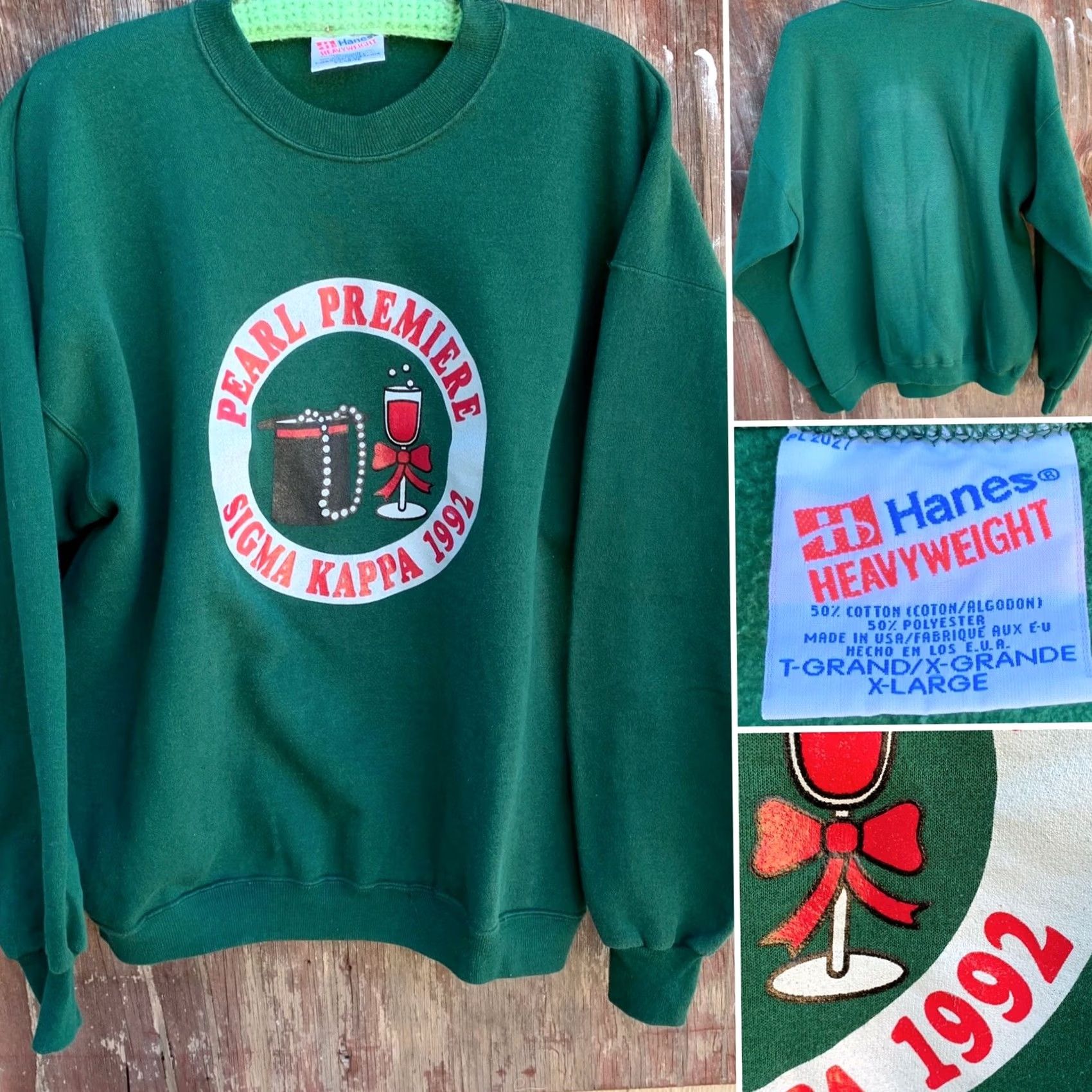 Hanes vintage Hanes Heavyweight Sweatshirt 90s Graphic Print Crew Neck XL Green Men Pullover 1992 Pearl Premiere Sigma Kappa Size US XL / EU 56 / 4 - 2 Thumbnail