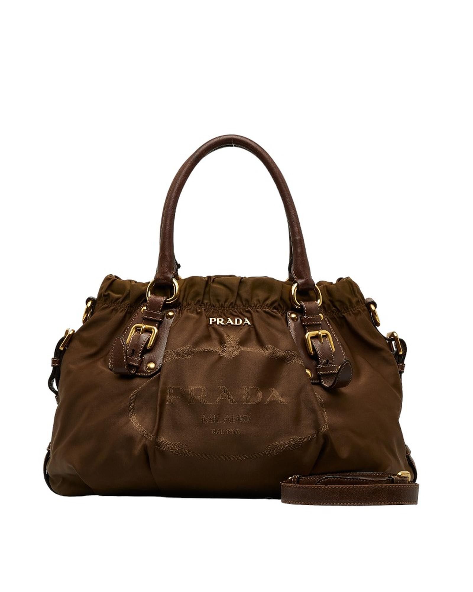 image of Prada Logo Gathered Tote Bag In Brown, Women's