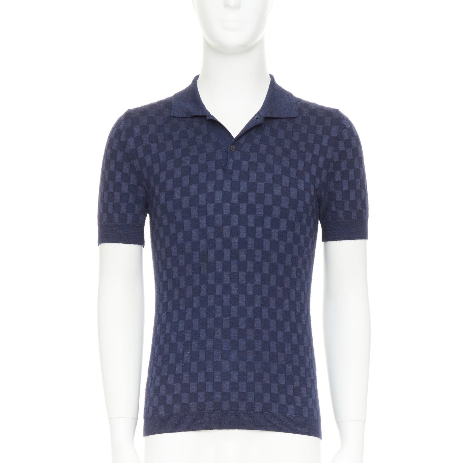 Louis Vuitton LOUIS VUITTON navy cashmere silk Damier checked knit polo shirt S Size US S / EU 44-46 / 1 - 1 Thumbnail