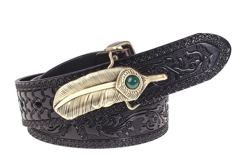 Japanese Brand × Vintage Outdoor retro fashion feather buckle carved leather belt Size ONE SIZE - 2 Thumbnail