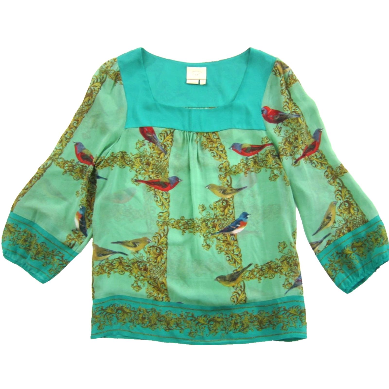 Vintage Vanessa Virginia Blouse Long Sleeve Shirt 6 Green Sheer Bird 100% Silk Classic Womens Size M / US 6-8 / IT 42-44 - 2 Thumbnail