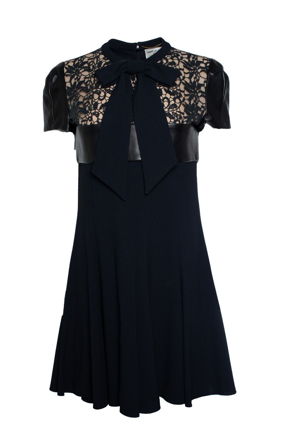 Saint Laurent Paris Saint Laurent, leather trim lace panel dress in black Size S / US 4 / IT 40 - 1 Thumbnail