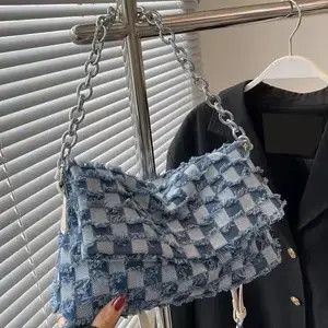 Other Denim Checkered Raw Trim Flap Bag Size ONE SIZE - 1 Thumbnail
