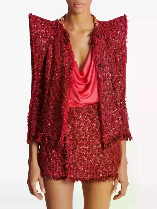 Balmain o1s1wg110526 Glitter Tweed Jacket in Red Size S / US 4 / IT 40 - 5 Thumbnail