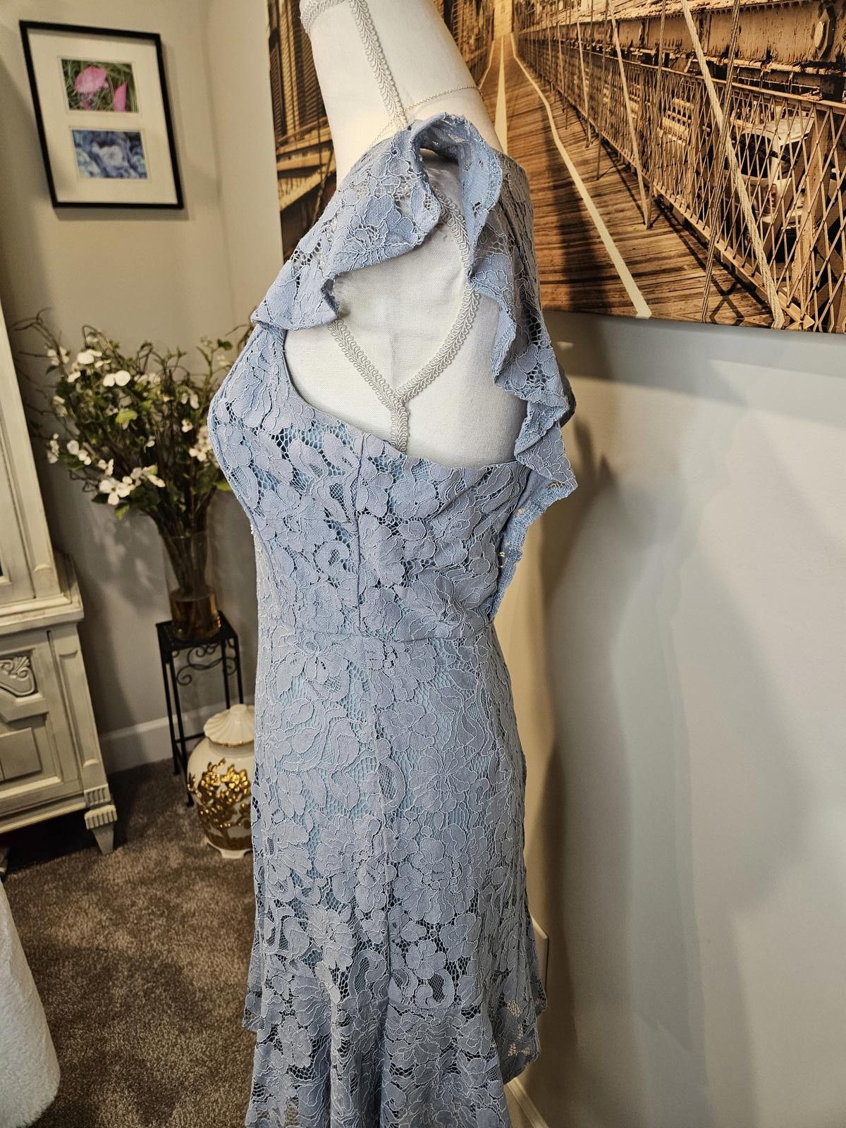 Flowing Layered Dress with Flutter Sleeves Slate Blue