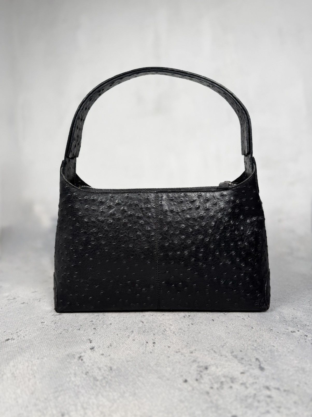 Bruder Vintage Black Ostrich Embossed Leather Shoulder Bag
