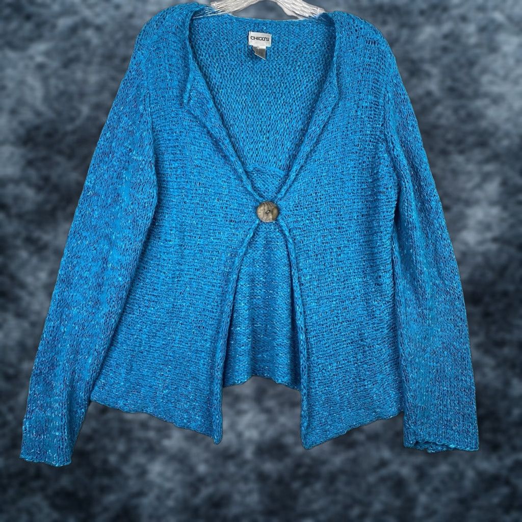 Chico's Cardigan Sweater XL Blue Open Knit Buttons Raglan Sleeves Women's Casual 80s Bohemian 90s Classic