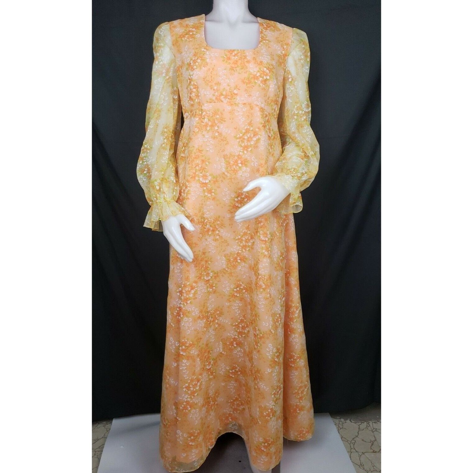 Handmade Vtg Maxi Dress Sz M Orange Floral Chiffon Overlay Empire Pra Size M / US 6-8 / IT 42-44 - 3 Thumbnail