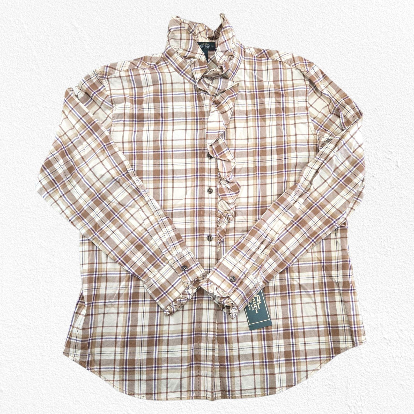Ralph Lauren Y2K Ralph Lauren Plaid Tan Ruffle Button Up Blouse Size XL Size XL / US 12-14 / IT 48-50 - 2 Thumbnail