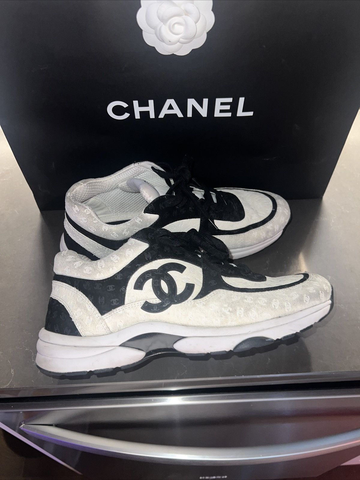 image of Chanel White/black Cc Embossed Trainers Shoes, Men's (Size 11)
