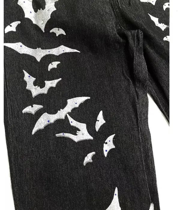 VIBE Washed distressed pleated micro-flare bat-print jeans Size US 32 / EU 48 - 5 Thumbnail