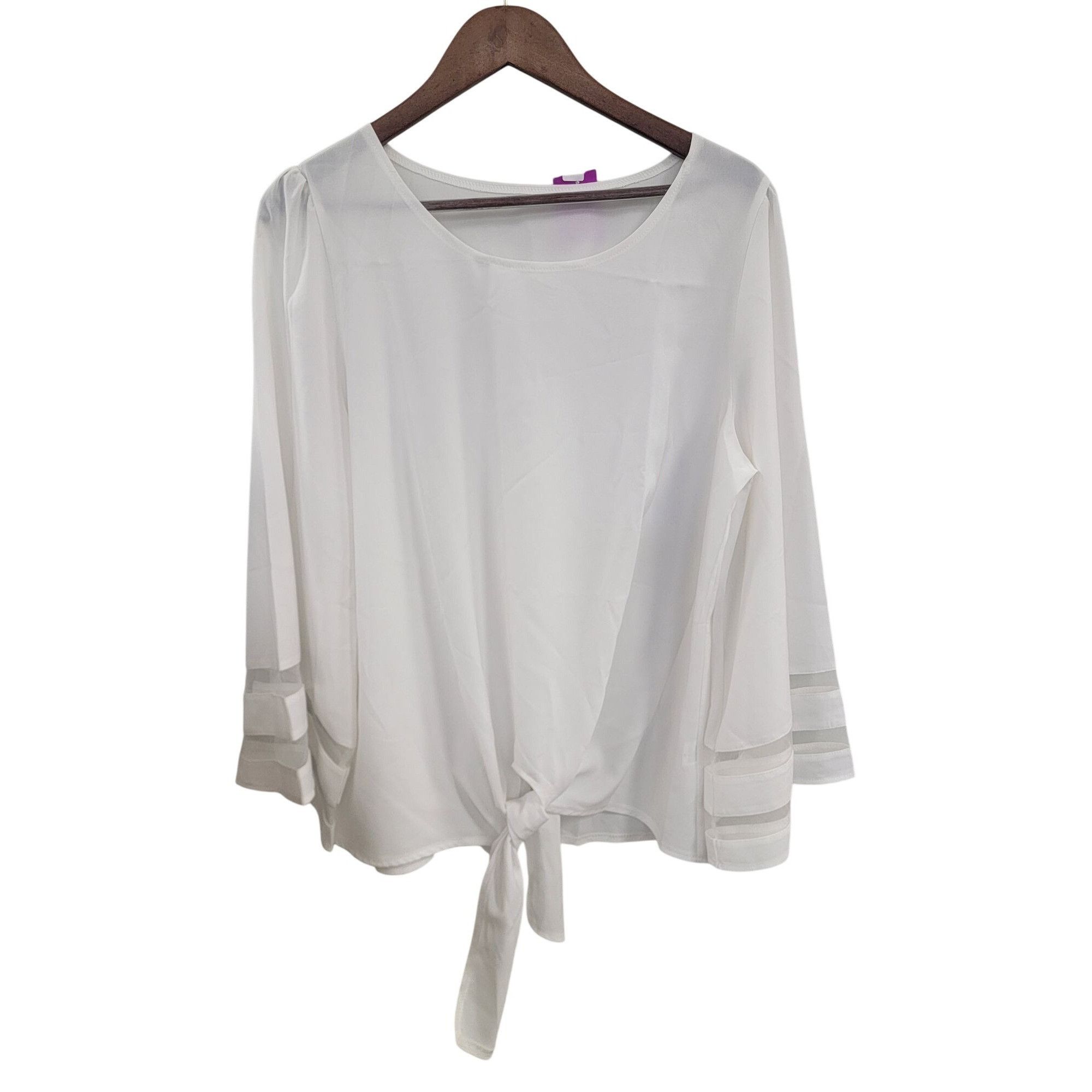 Other Womens White Tie-Front Blouse With Sheer Sleeve Accents & Sc Size L / US 10 / IT 46 - 1 Thumbnail